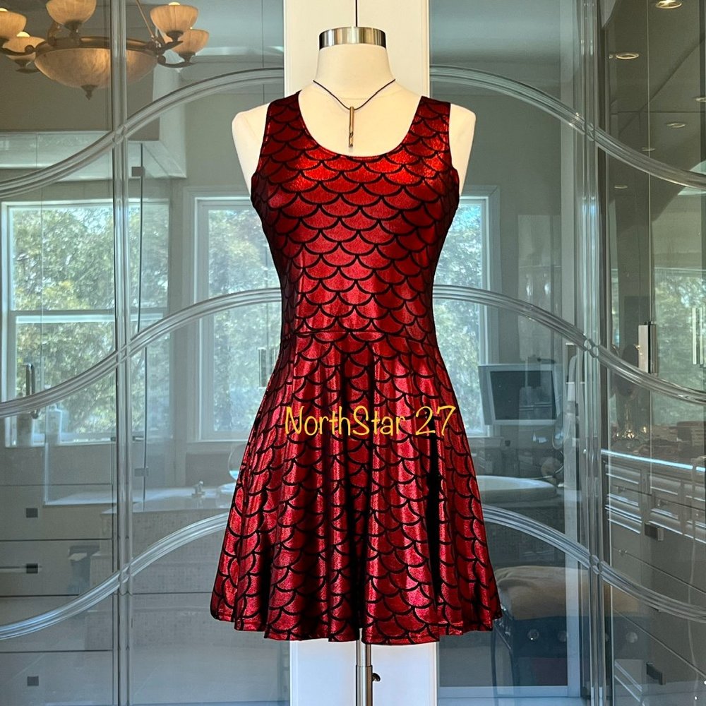 Size Holograph Shiny Mermaid Scale Skater Mini Dress. Necklace not included